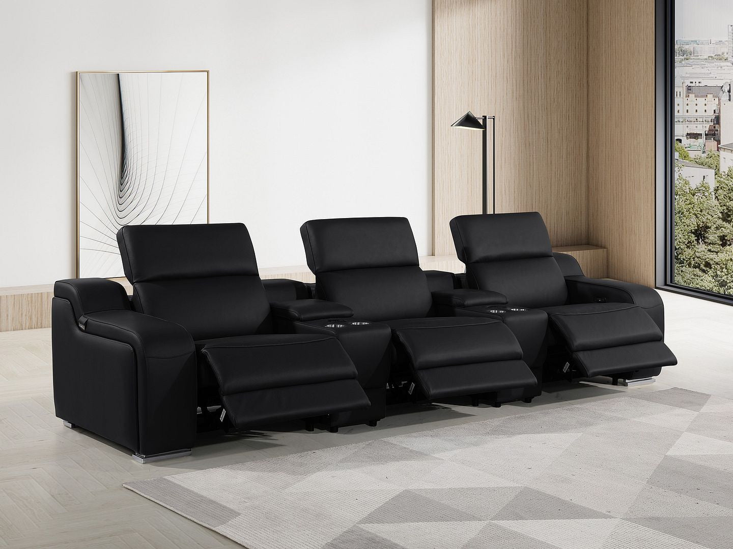 Power recliner function highlighted on the 129" Black Italian Leather Reclining USB Sofa