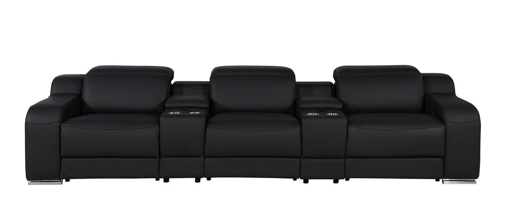 Side view showcasing the sleek design of the 129" Black Italian Leather Reclining USB Sofa
