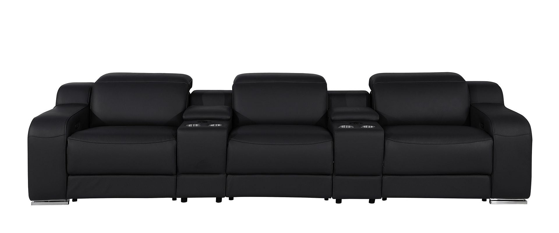 Side view showcasing the sleek design of the 129" Black Italian Leather Reclining USB Sofa