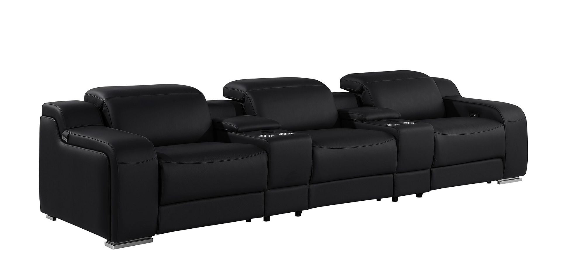 Wide arms of the 129" Black Italian Leather Reclining USB Sofa for added comfort