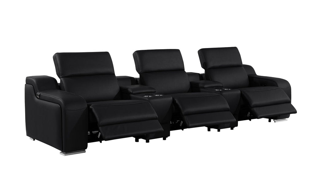 Elegant silver legs of the 129" Black Italian Leather Reclining USB Sofa