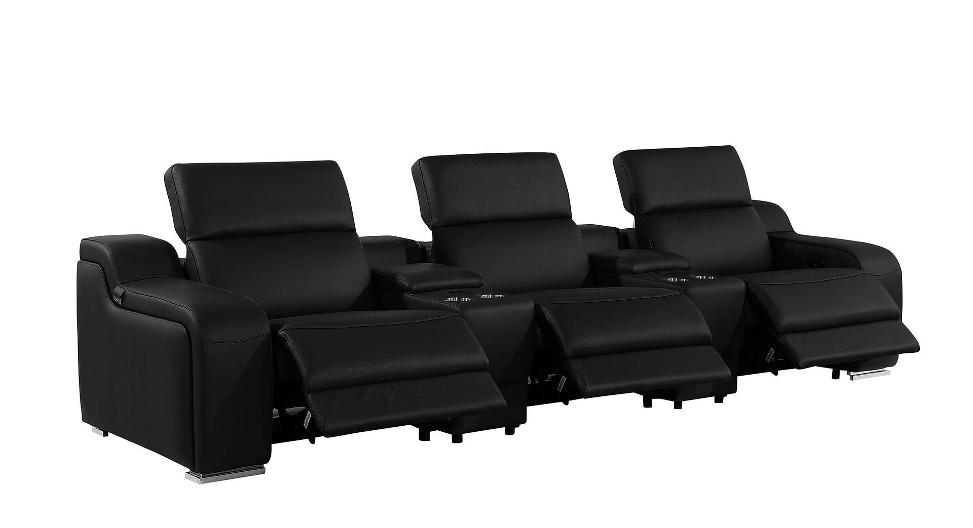 Elegant silver legs of the 129" Black Italian Leather Reclining USB Sofa