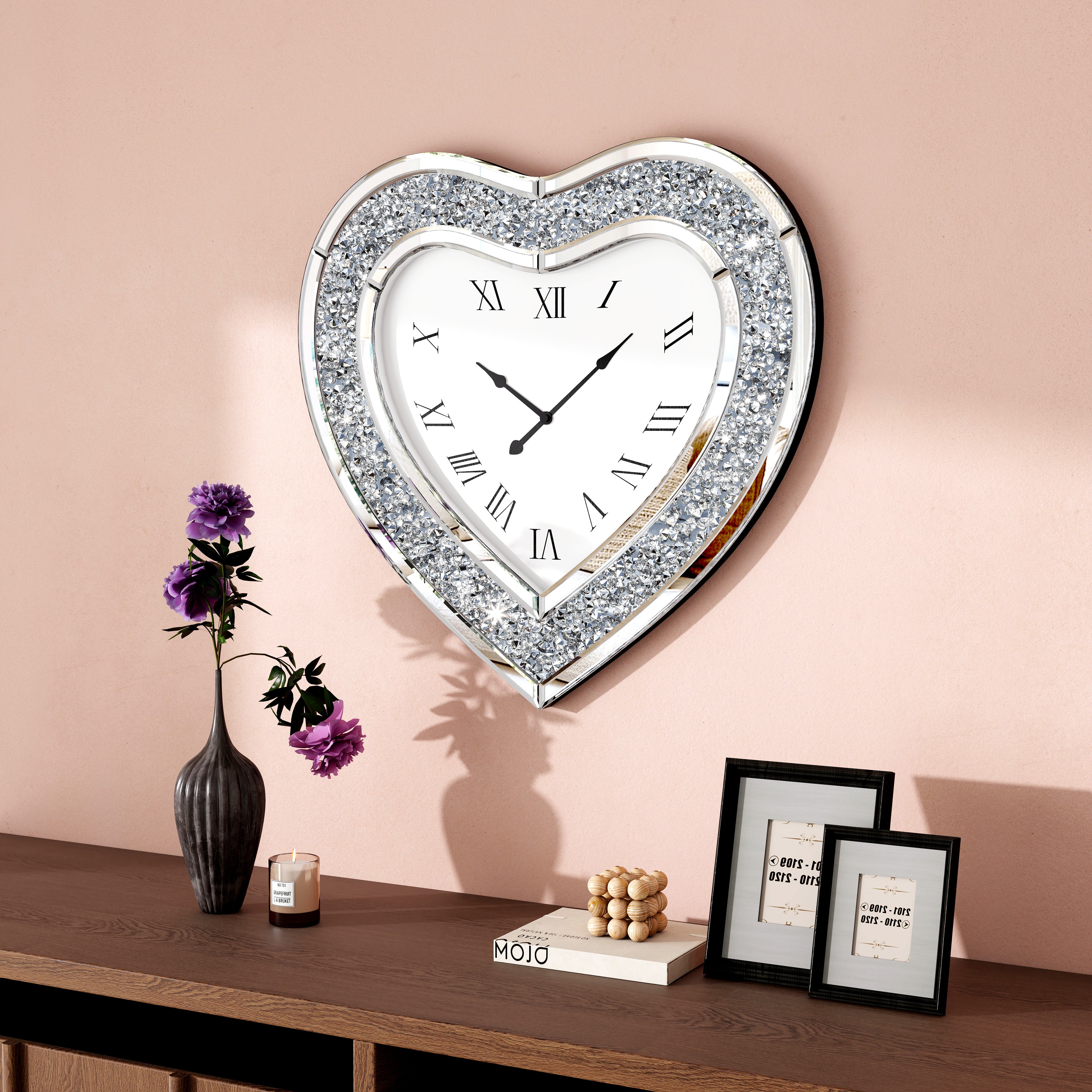 27" Silver Faux Crystal And Mirrored Glass Silent Analog Heart Wall Clock