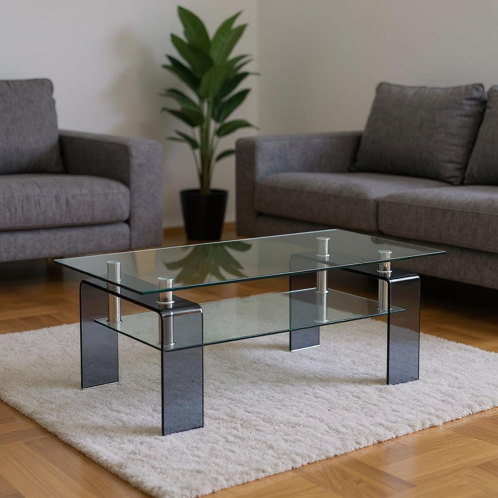 39" Clear and Black Glass Coffee Table With Shelf