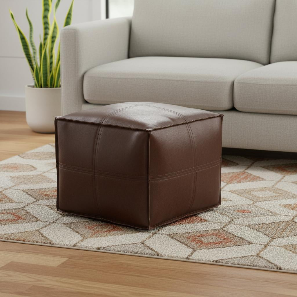 18" Brown Faux Leather Pouf Ottoman