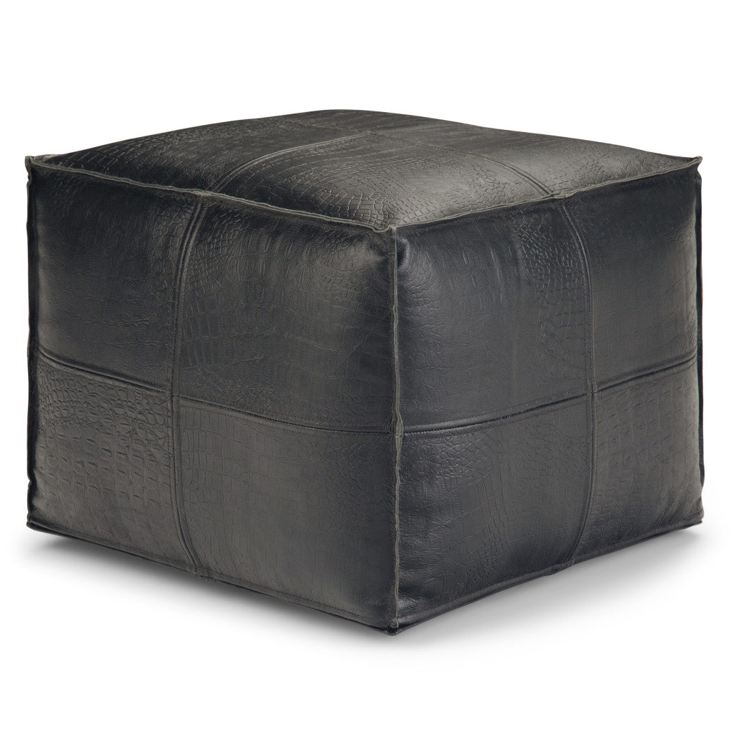 18" Black Leather Pouf Ottoman