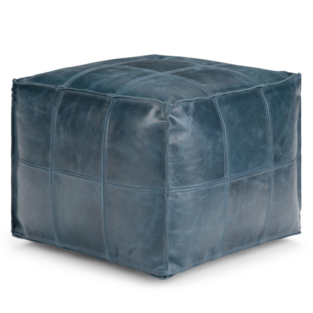 18" Blue Leather Pouf Ottoman