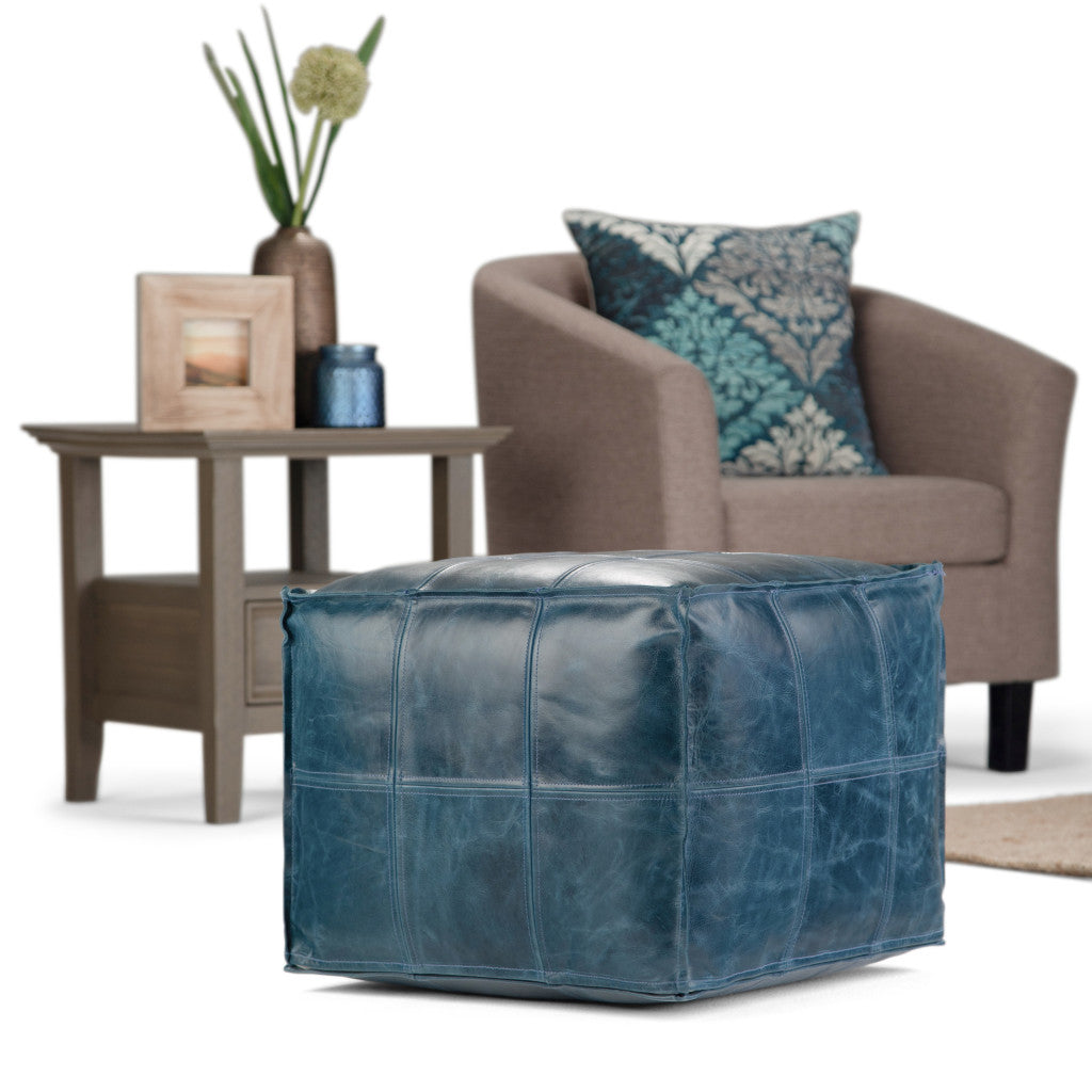18" Blue Leather Pouf Ottoman