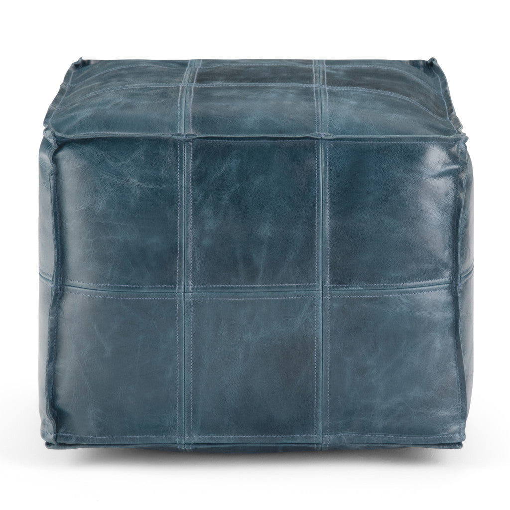 18" Blue Leather Pouf Ottoman