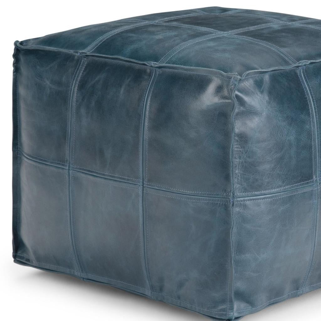 18" Blue Leather Pouf Ottoman