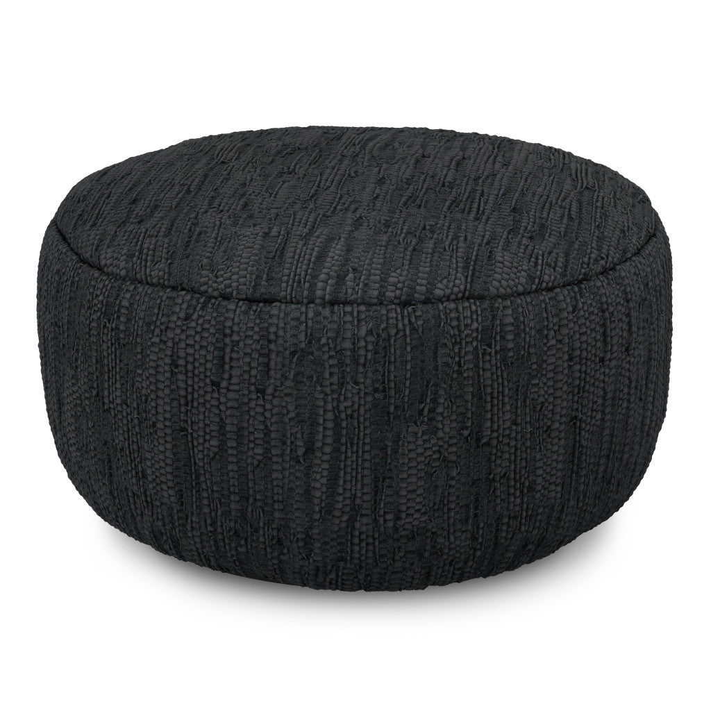 30" Black Leather Round Pouf Ottoman