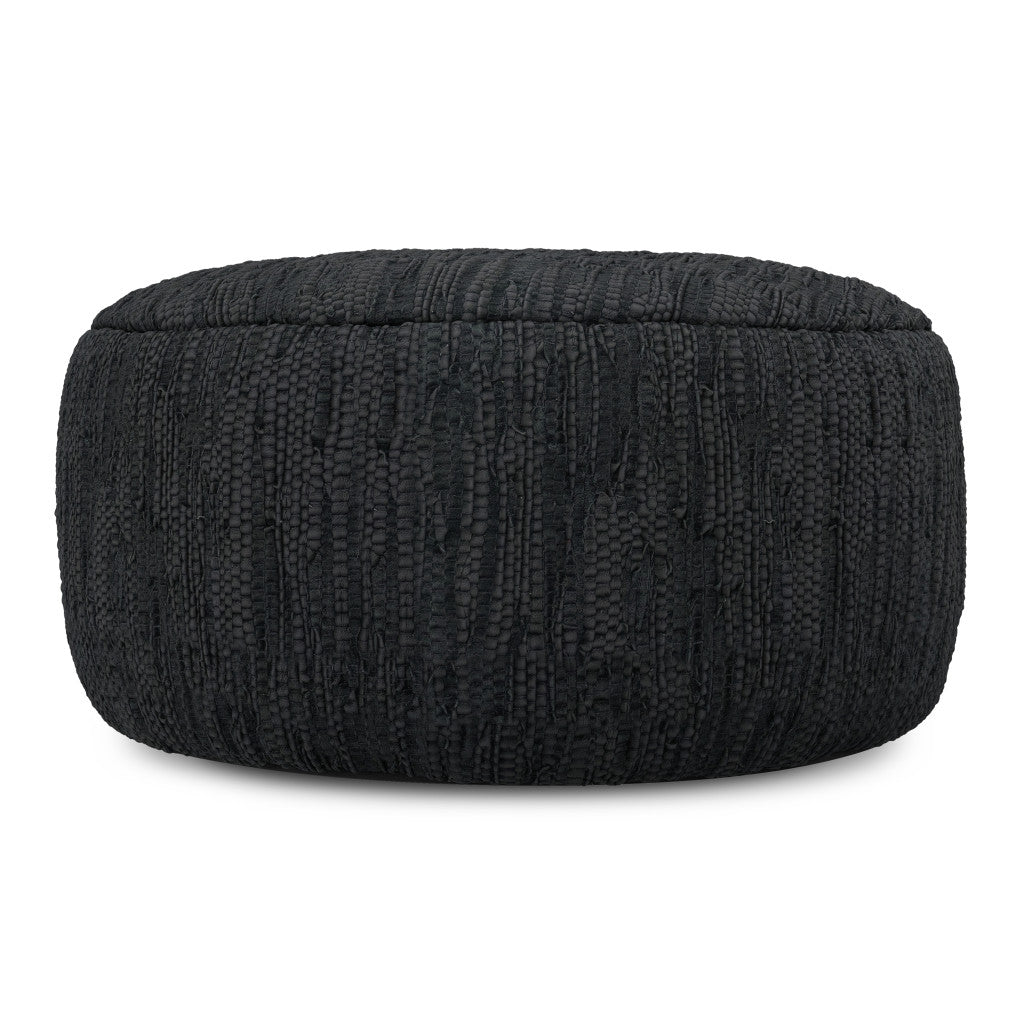 30" Black Leather Round Pouf Ottoman