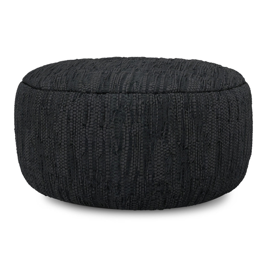 30" Black Leather Round Pouf Ottoman