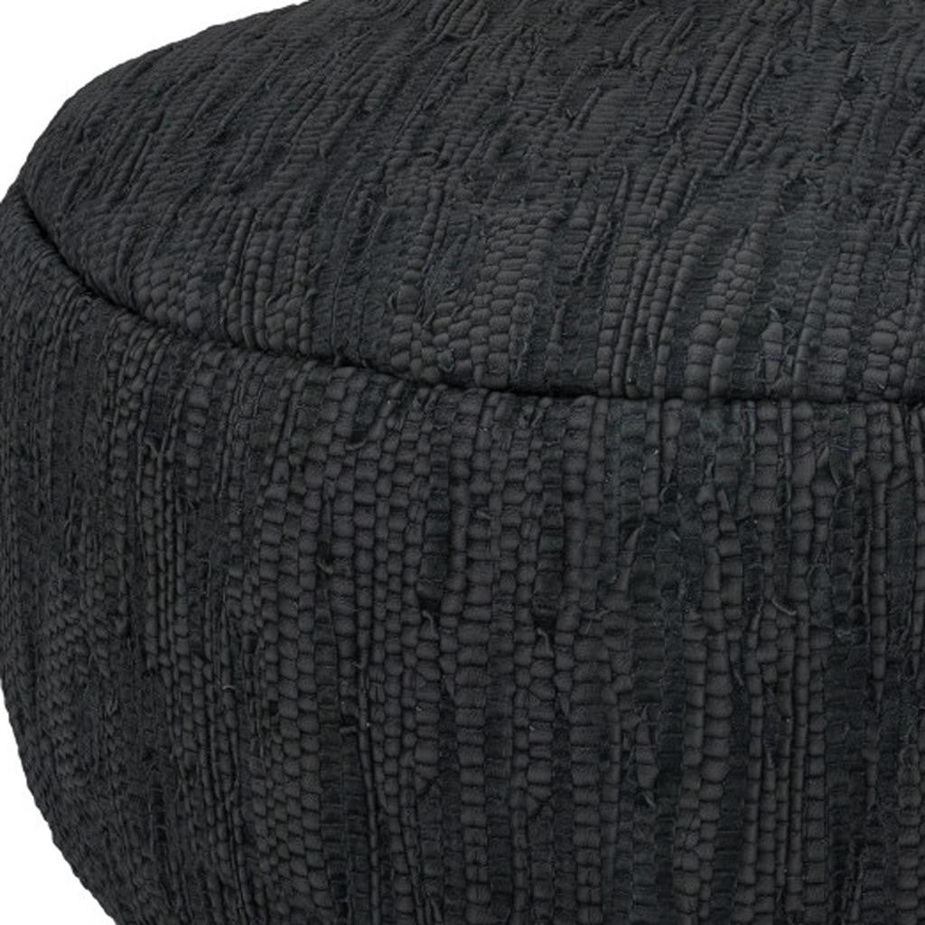 30" Black Leather Round Pouf Ottoman