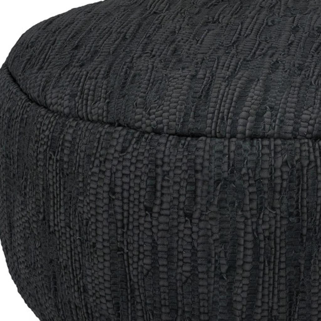 30" Black Leather Round Pouf Ottoman