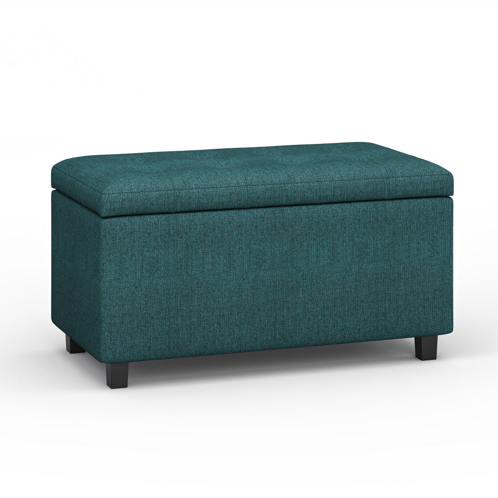 34" Dark Brown and Teal Blue Upholstery Storage Ottoman