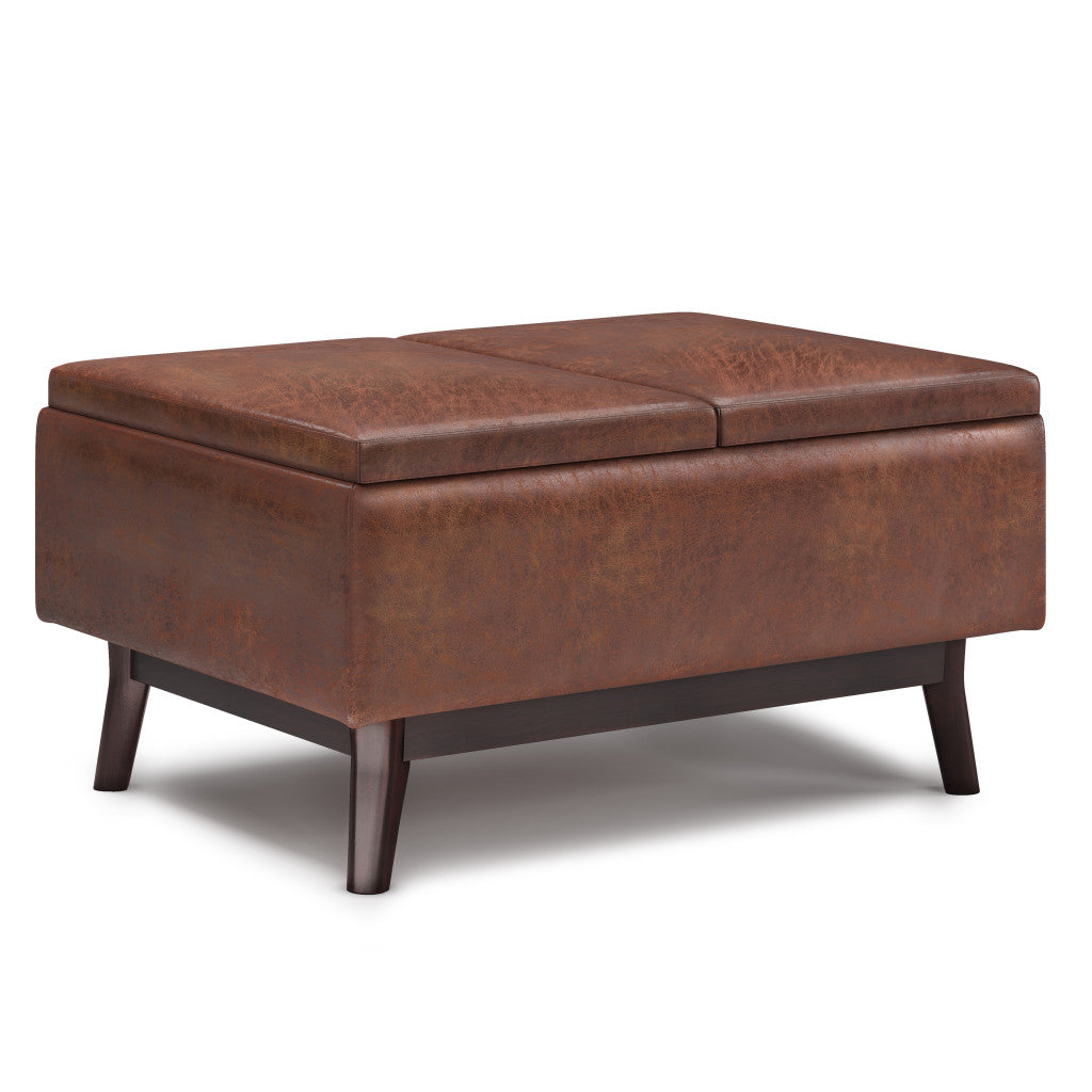 34" Brown Leather Cocktail Ottoman With Storage