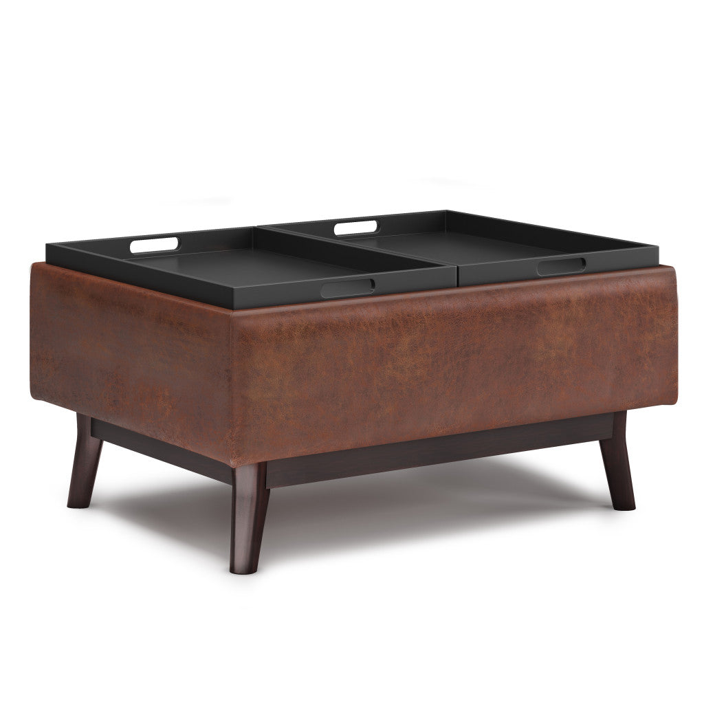 34" Brown Leather Cocktail Ottoman With Storage