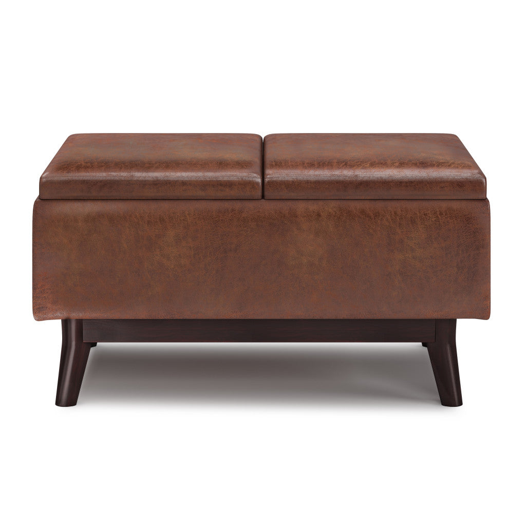 34" Brown Leather Cocktail Ottoman With Storage