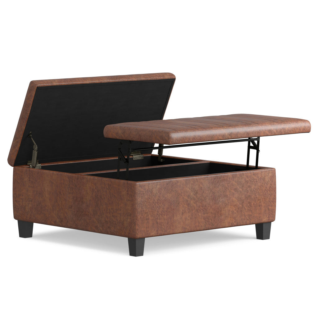 36" Brown and Espresso Leather Cocktail Ottoman With Storage
