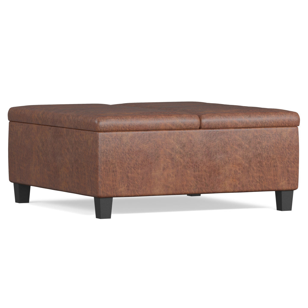 36" Brown and Espresso Leather Cocktail Ottoman With Storage