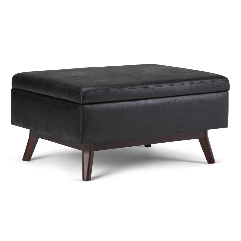 34" Black and Brown Leather Cocktail Ottoman With Storage