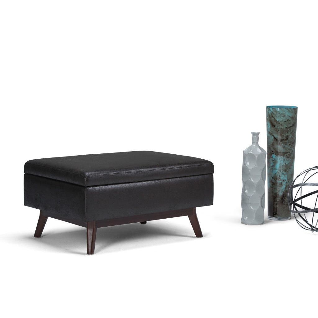 34" Black and Brown Leather Cocktail Ottoman With Storage