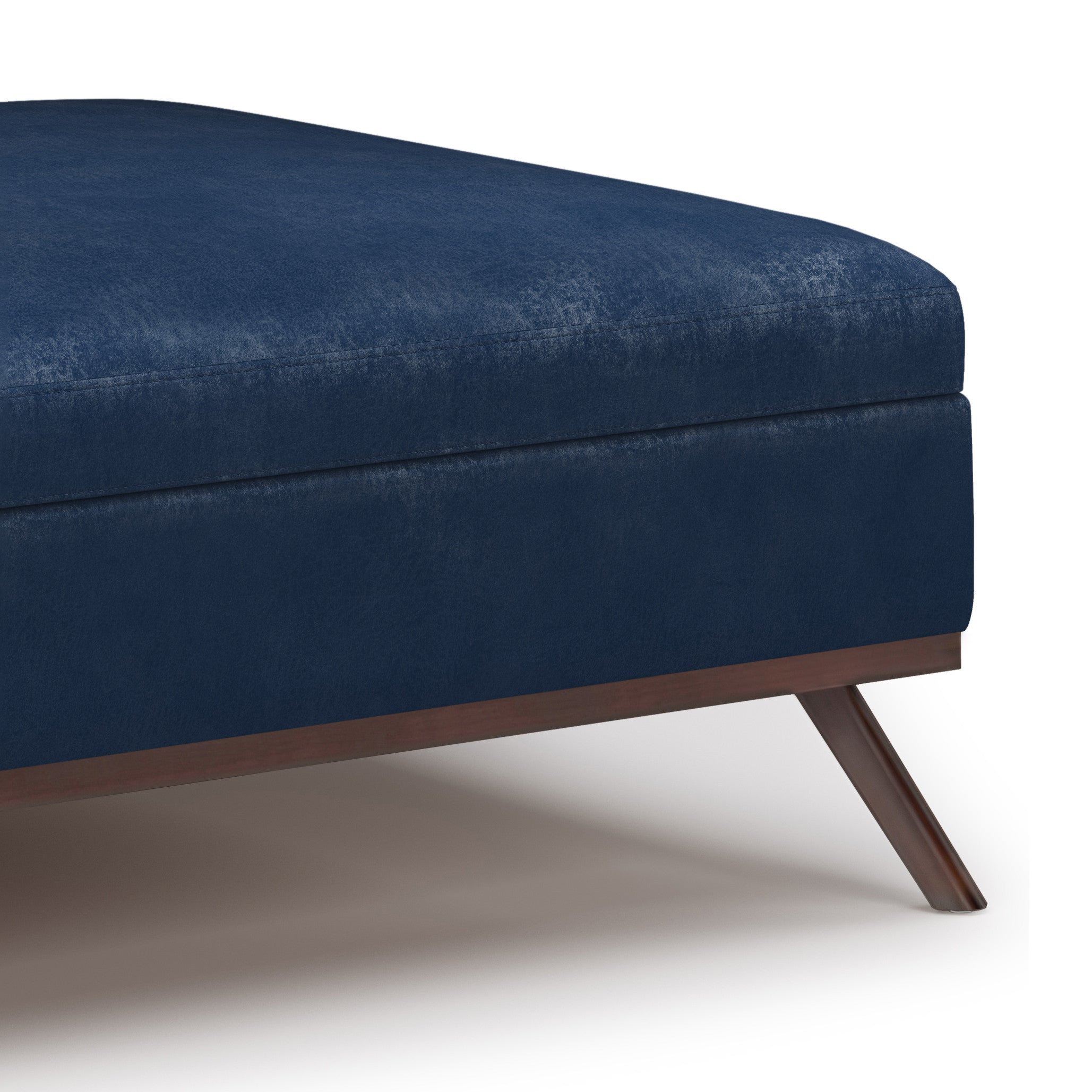 36" Blue and Brown Leather Cocktail Ottoman used as a coffee table with snacks