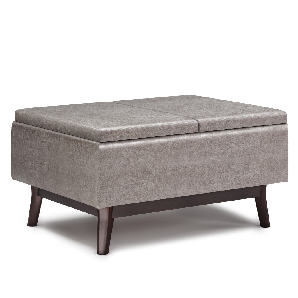 34" Gray and Dark Brown Leather Cocktail Ottoman With Storage