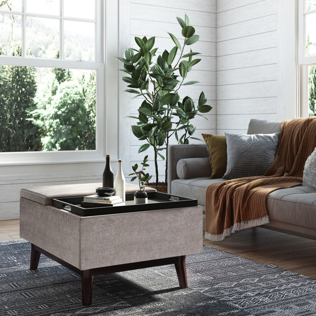 34" Gray and Dark Brown Leather Cocktail Ottoman With Storage