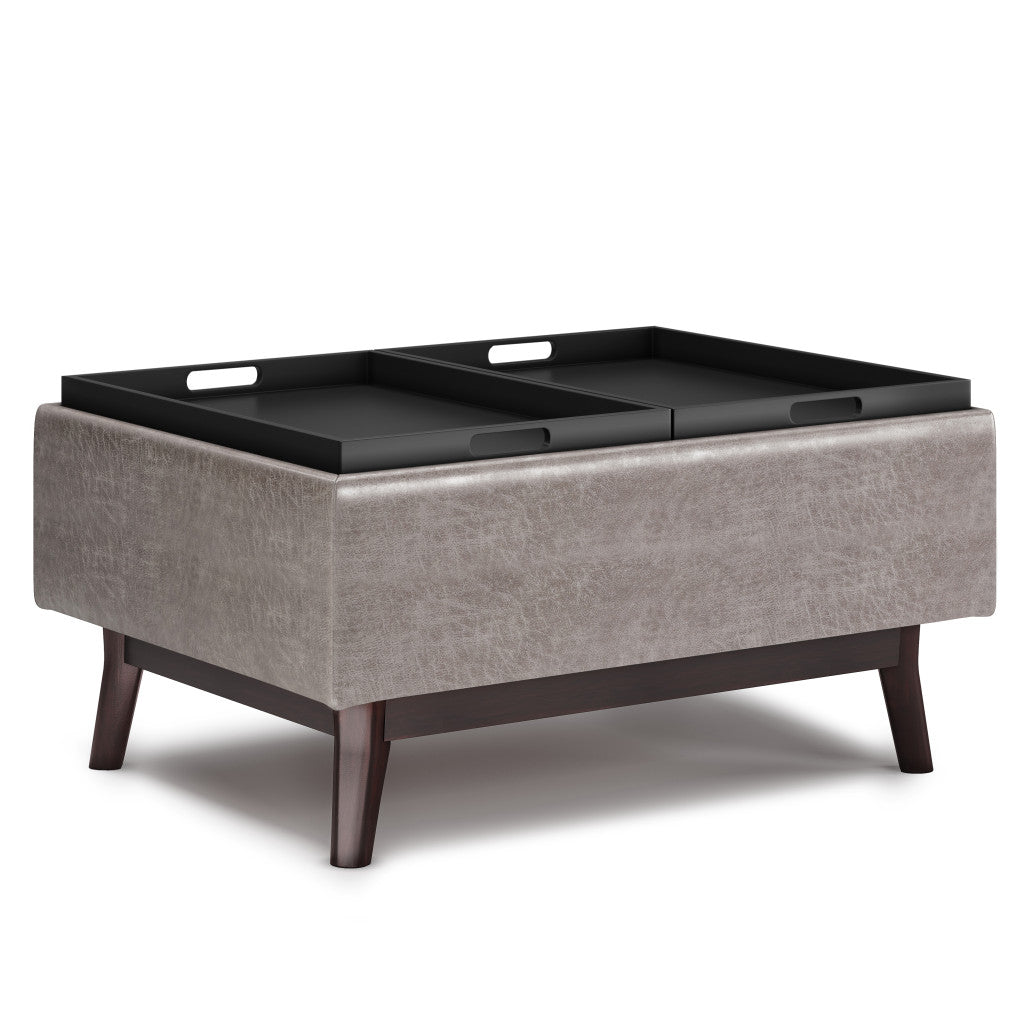 34" Gray and Dark Brown Leather Cocktail Ottoman With Storage
