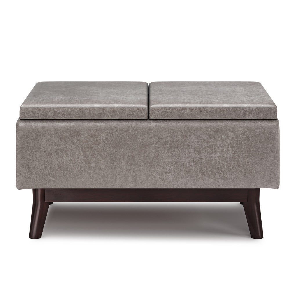 34" Gray and Dark Brown Leather Cocktail Ottoman With Storage