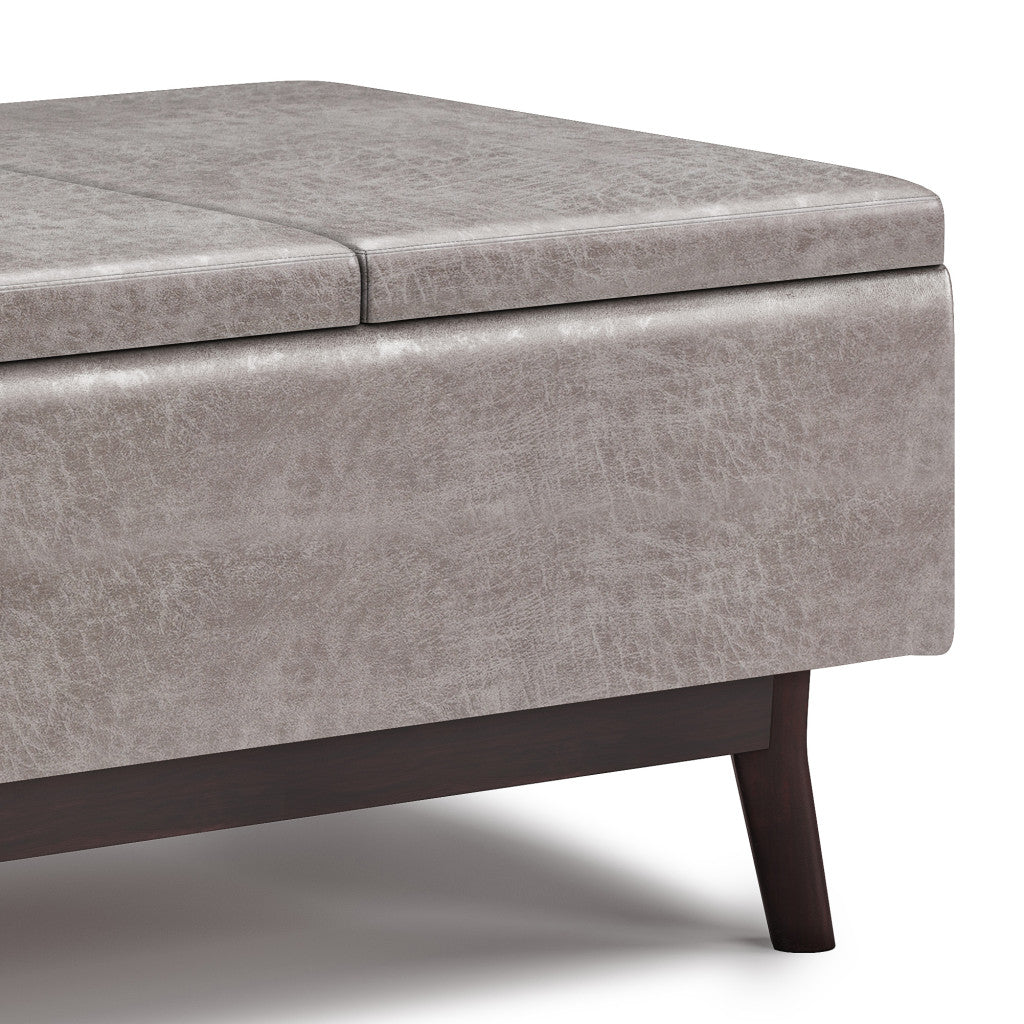 34" Gray and Dark Brown Leather Cocktail Ottoman With Storage