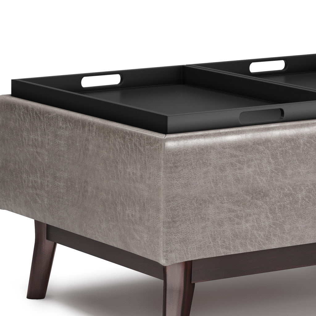 34" Gray and Dark Brown Leather Cocktail Ottoman With Storage