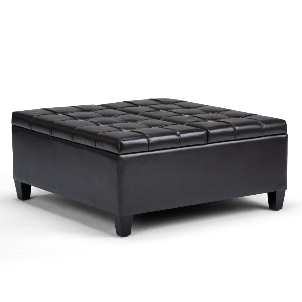 36" Brown and Espresso Leather Cocktail Ottoman With Storage
