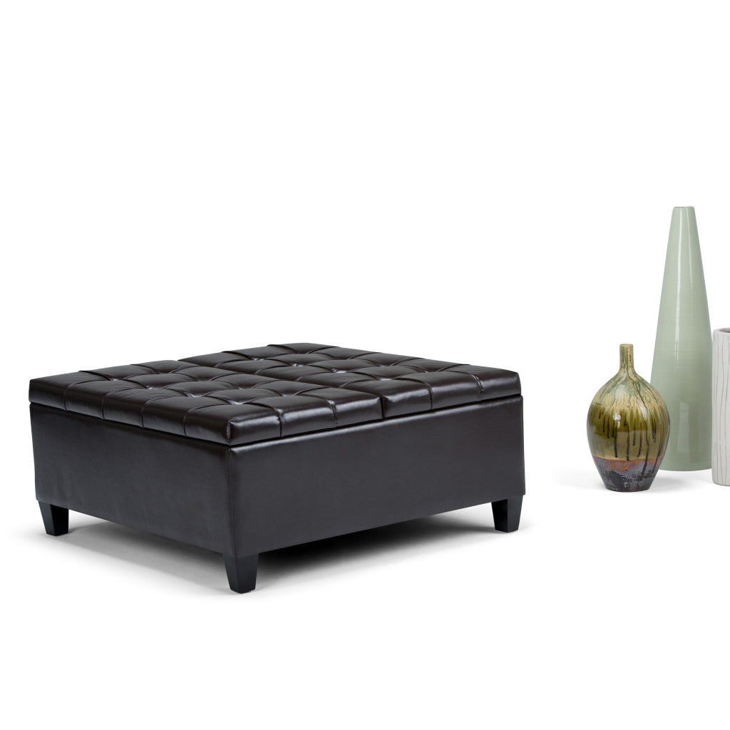 36" Brown and Espresso Leather Cocktail Ottoman With Storage