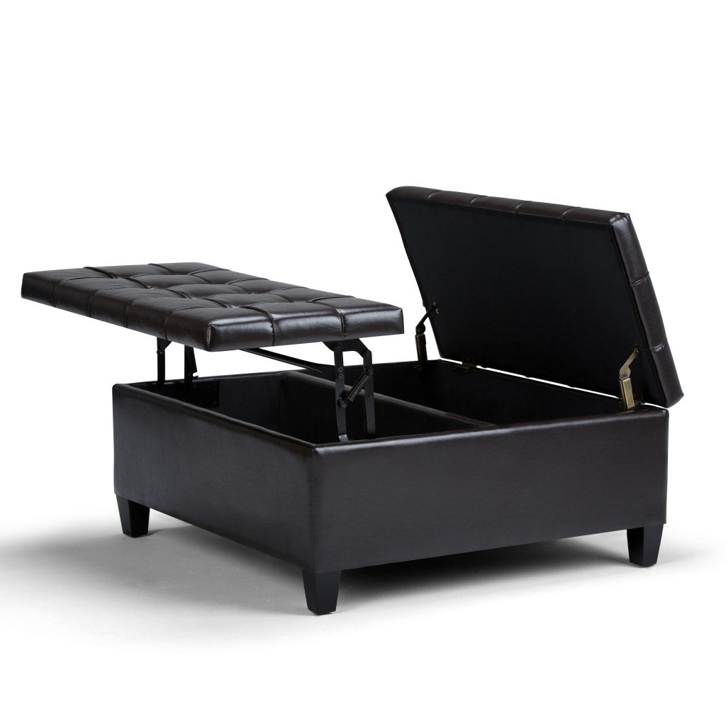 36" Brown and Espresso Leather Cocktail Ottoman With Storage
