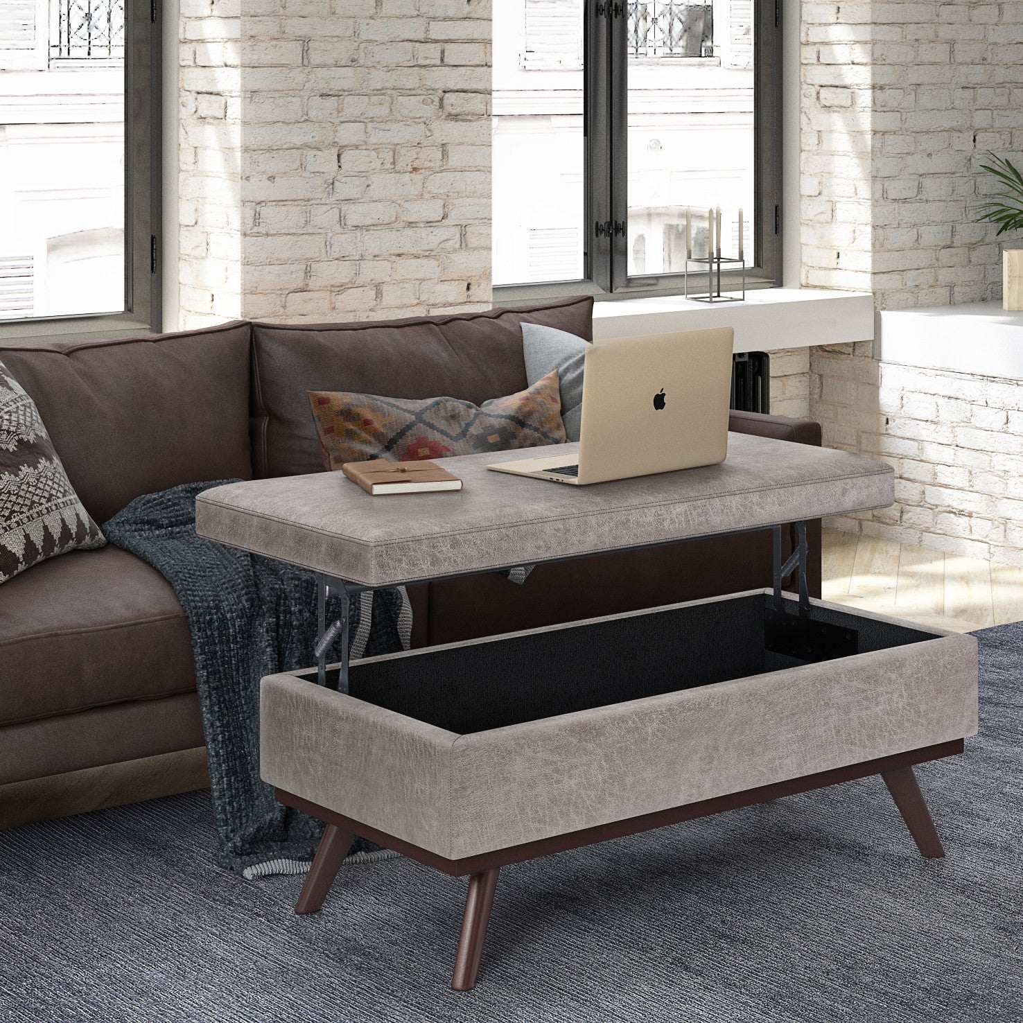 42" Gray and Brown Leather Cocktail Ottoman With Storage