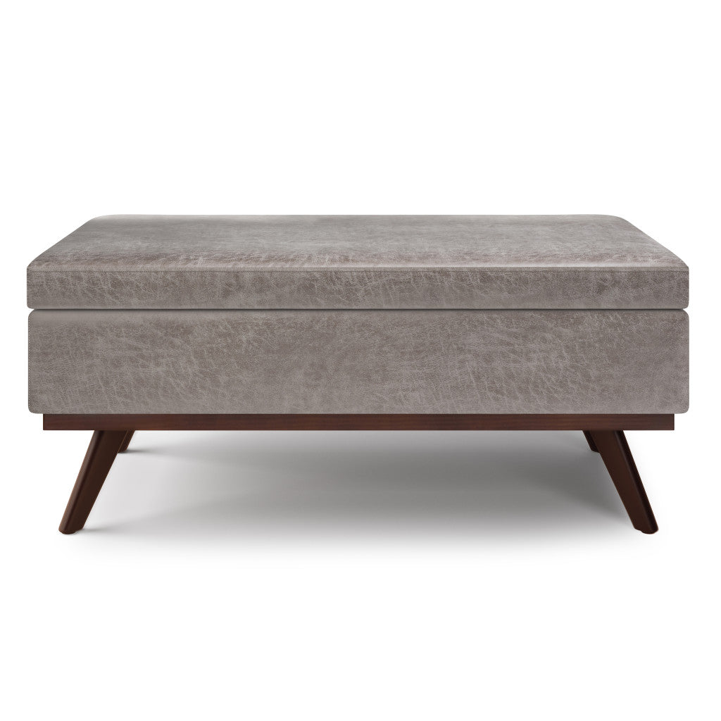 42" Gray and Brown Leather Cocktail Ottoman With Storage
