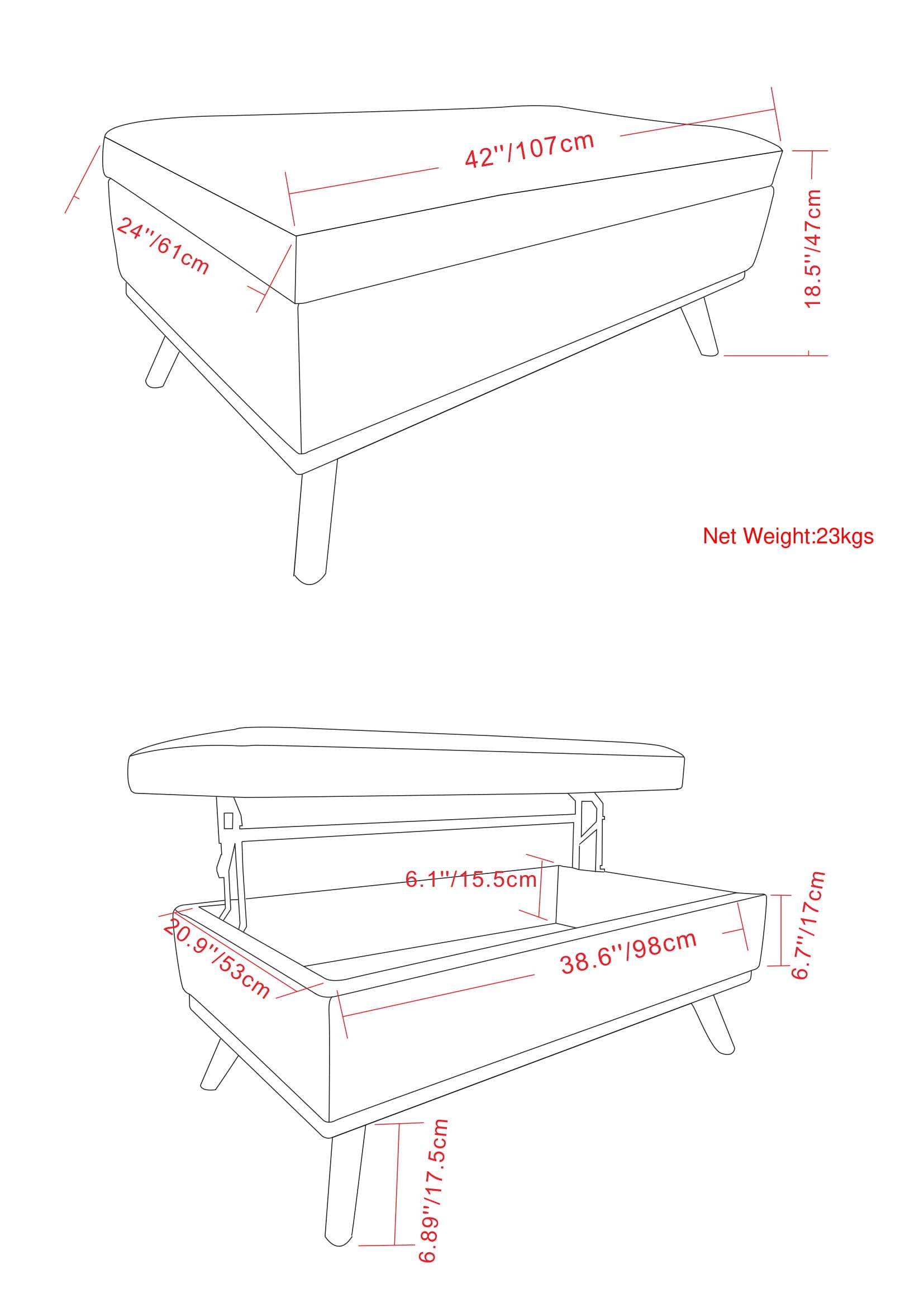 42" Gray and Brown Leather Cocktail Ottoman With Storage