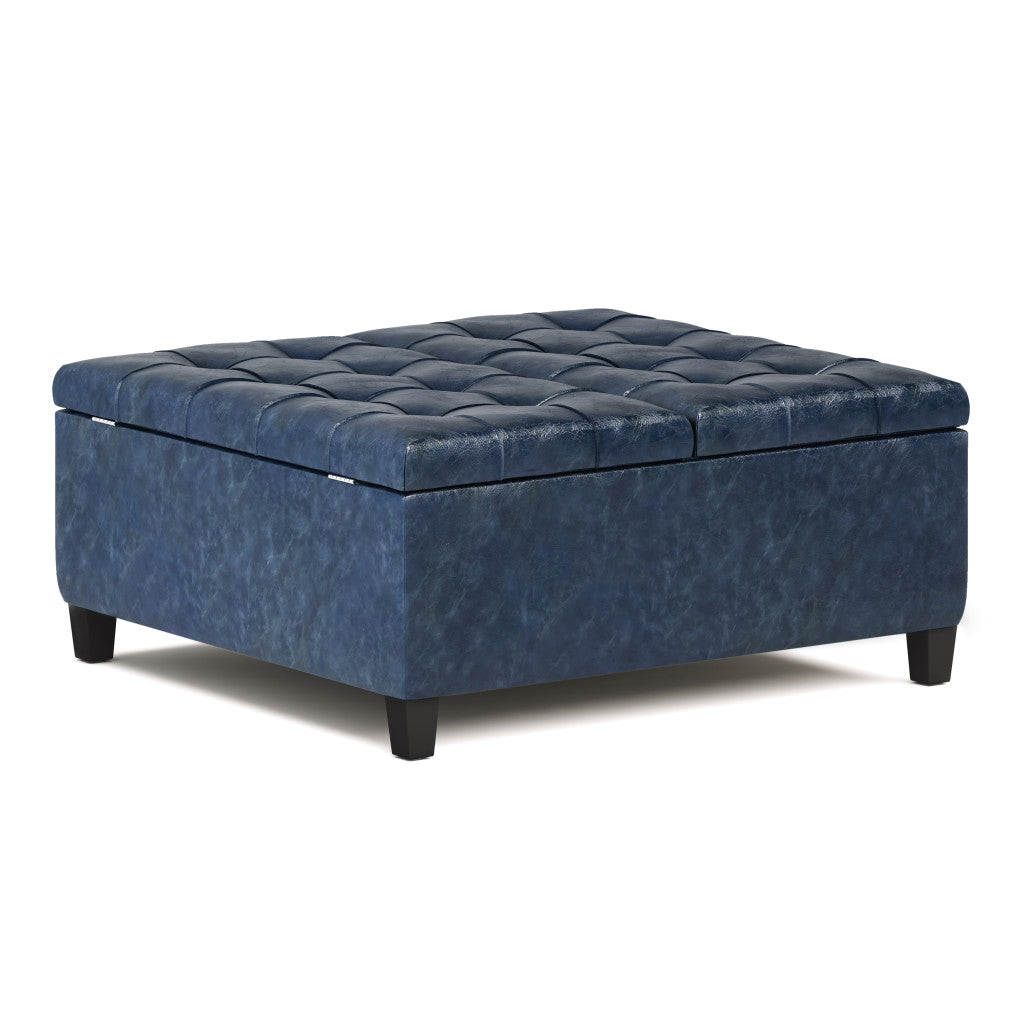 Front view of 36" Blue and Espresso Leather Cocktail Ottoman by Homeroots