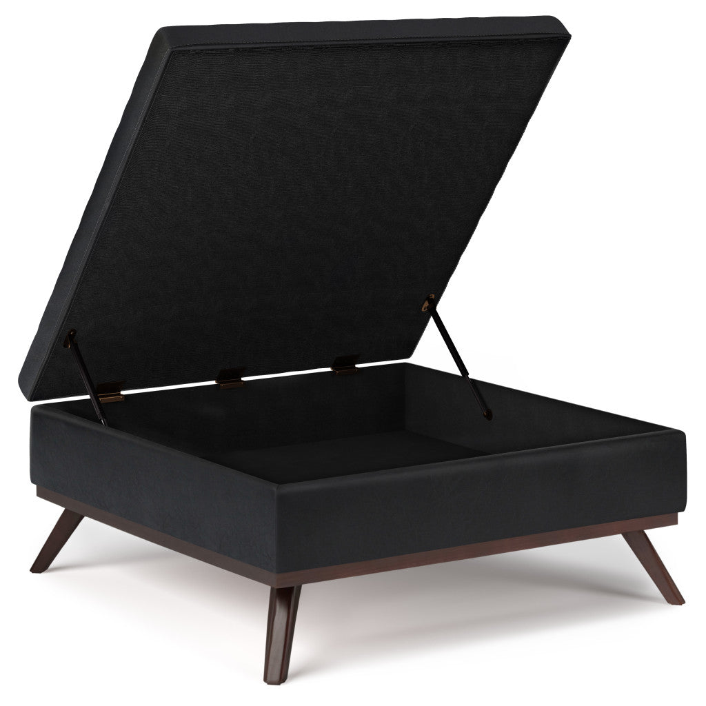 36" Black and Brown Leather Cocktail Ottoman With Storage