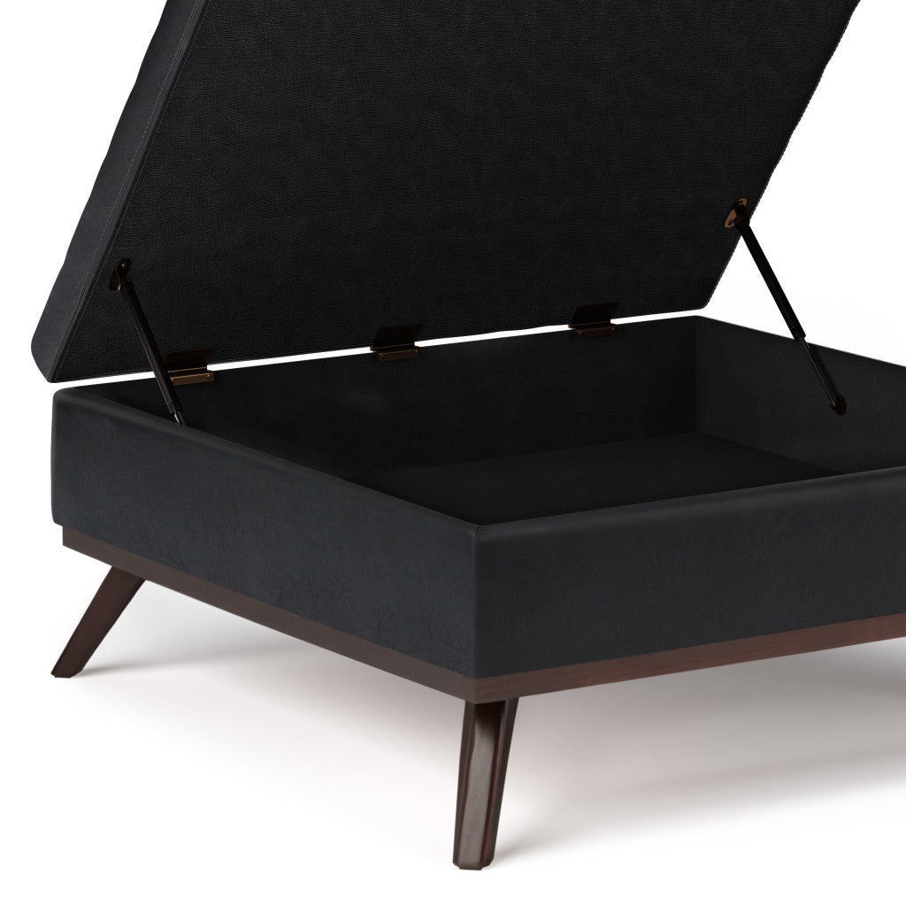 36" Black and Brown Leather Cocktail Ottoman With Storage