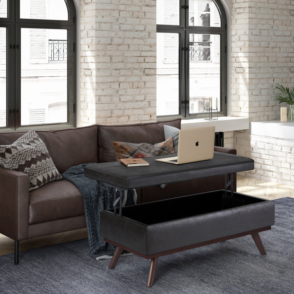 42" Black and Brown Leather Cocktail Ottoman With Storage