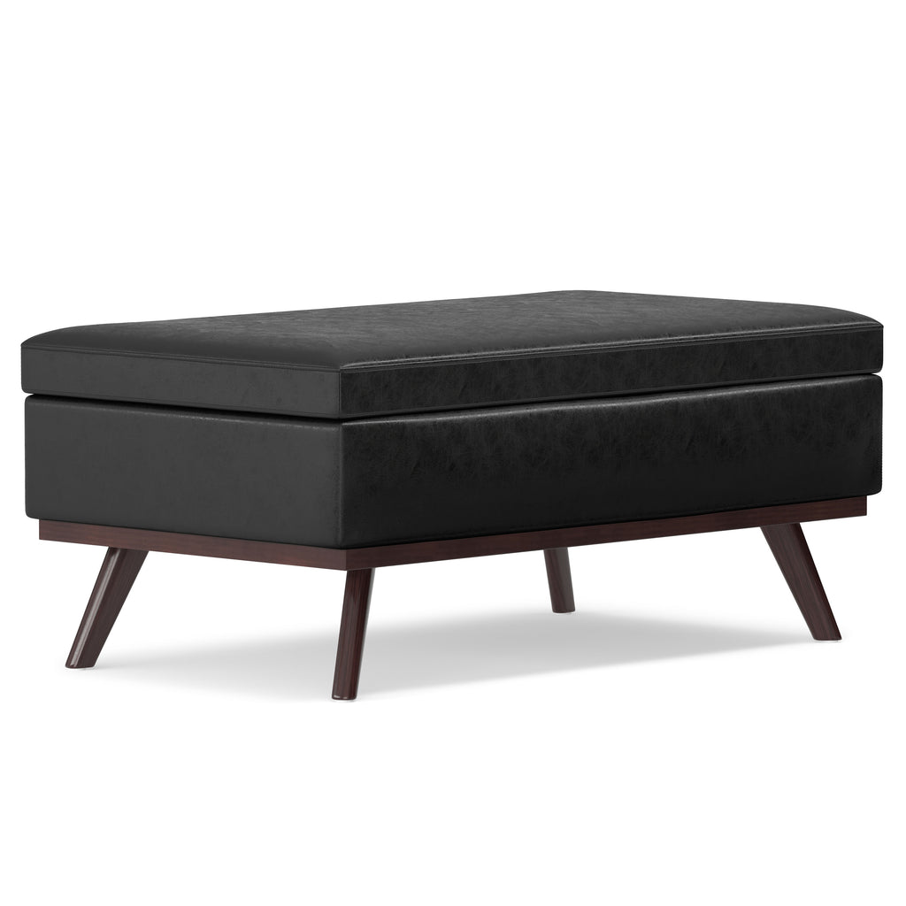 42" Black and Brown Leather Cocktail Ottoman With Storage