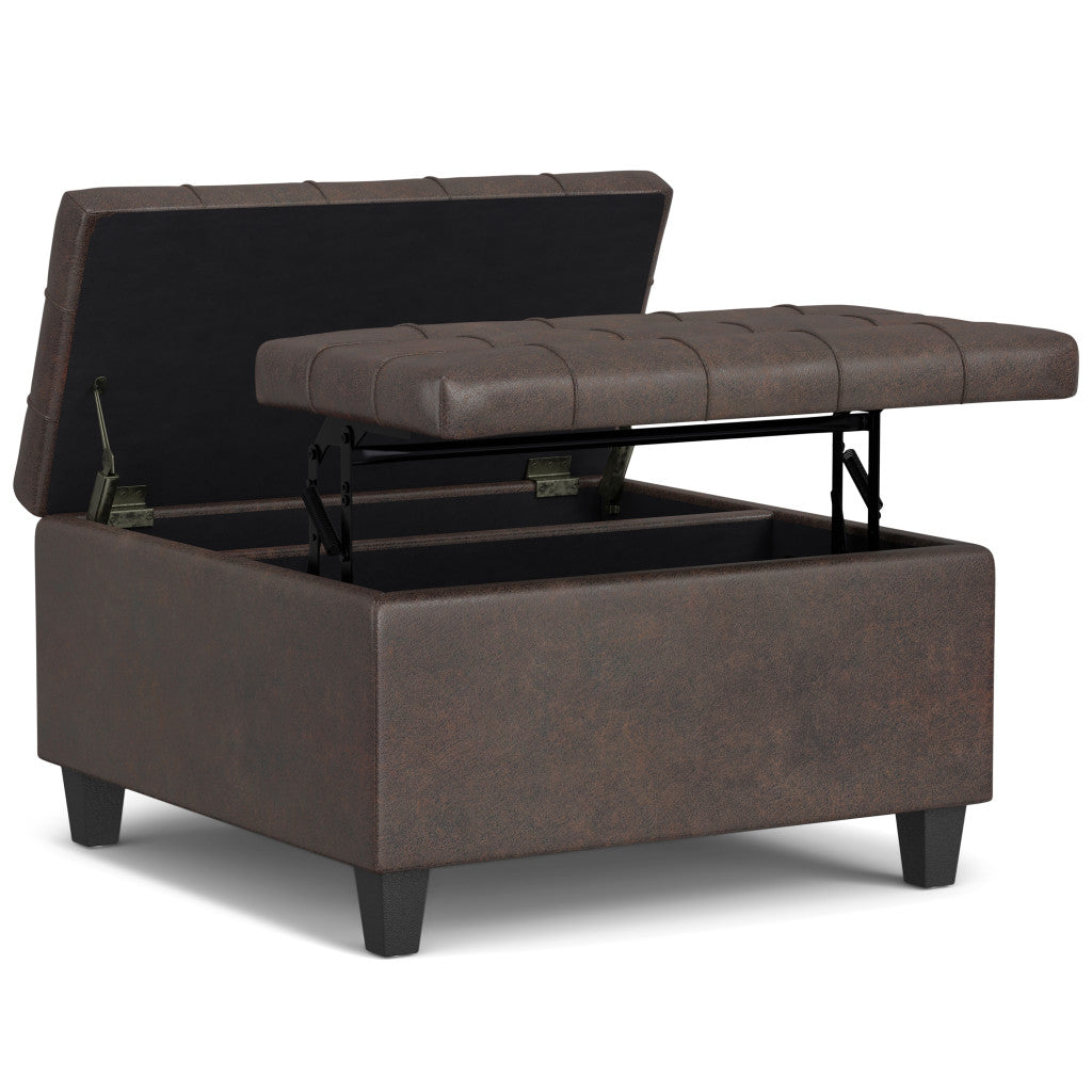 30" Brown Leather Cocktail Ottoman With Storage