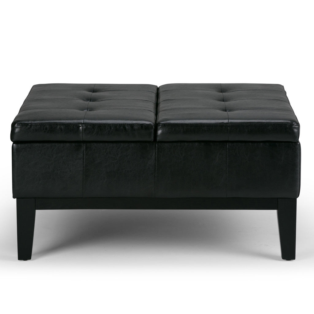 36" Black and Dark Brown Leather Cocktail Ottoman With Storage
