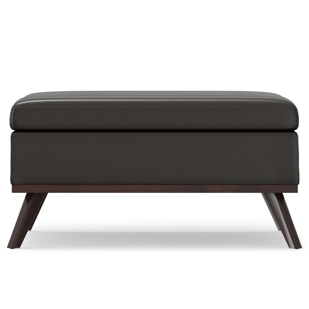 Side angle of the stylish Brown Leather Cocktail Ottoman featuring hidden storage