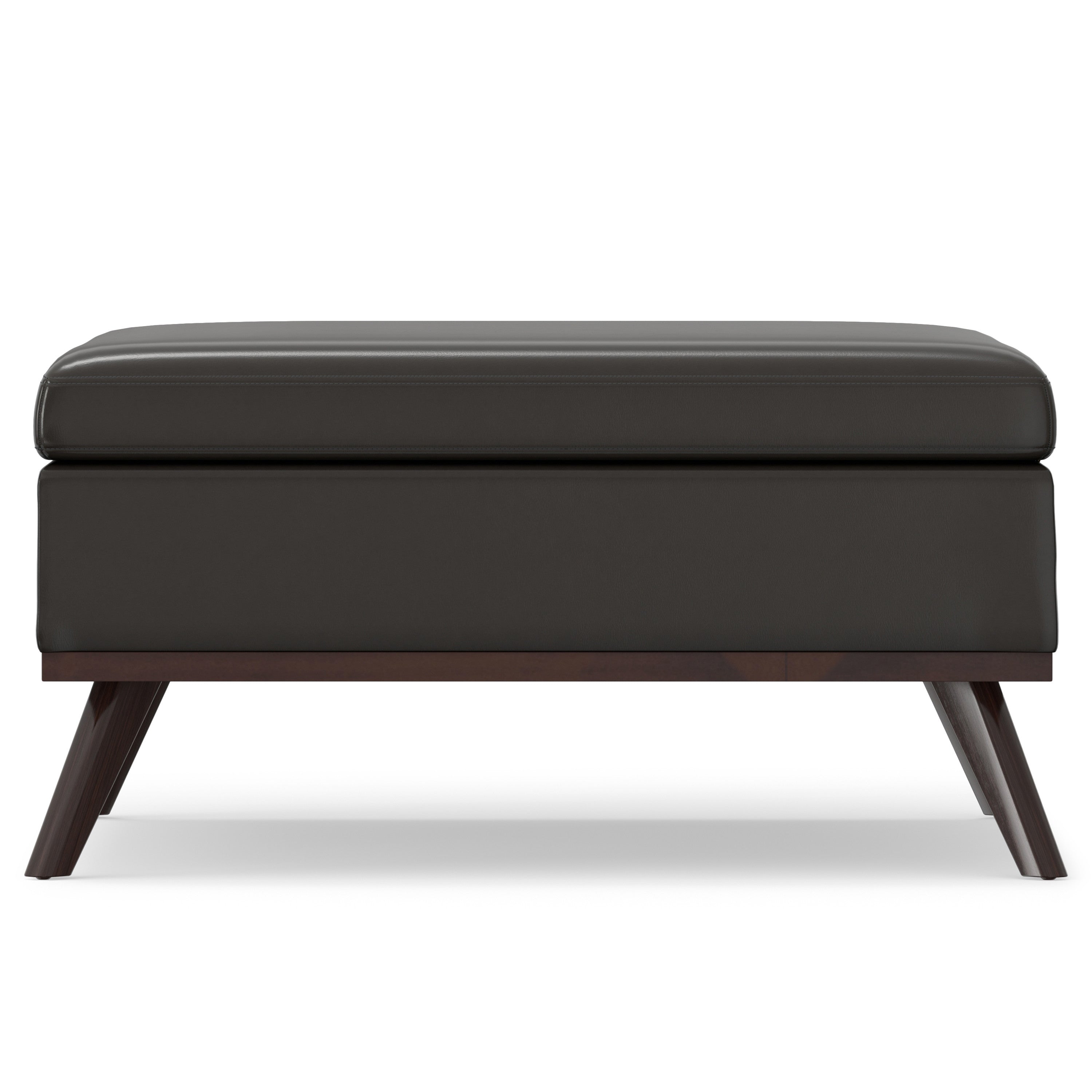 Side angle of the stylish Brown Leather Cocktail Ottoman featuring hidden storage