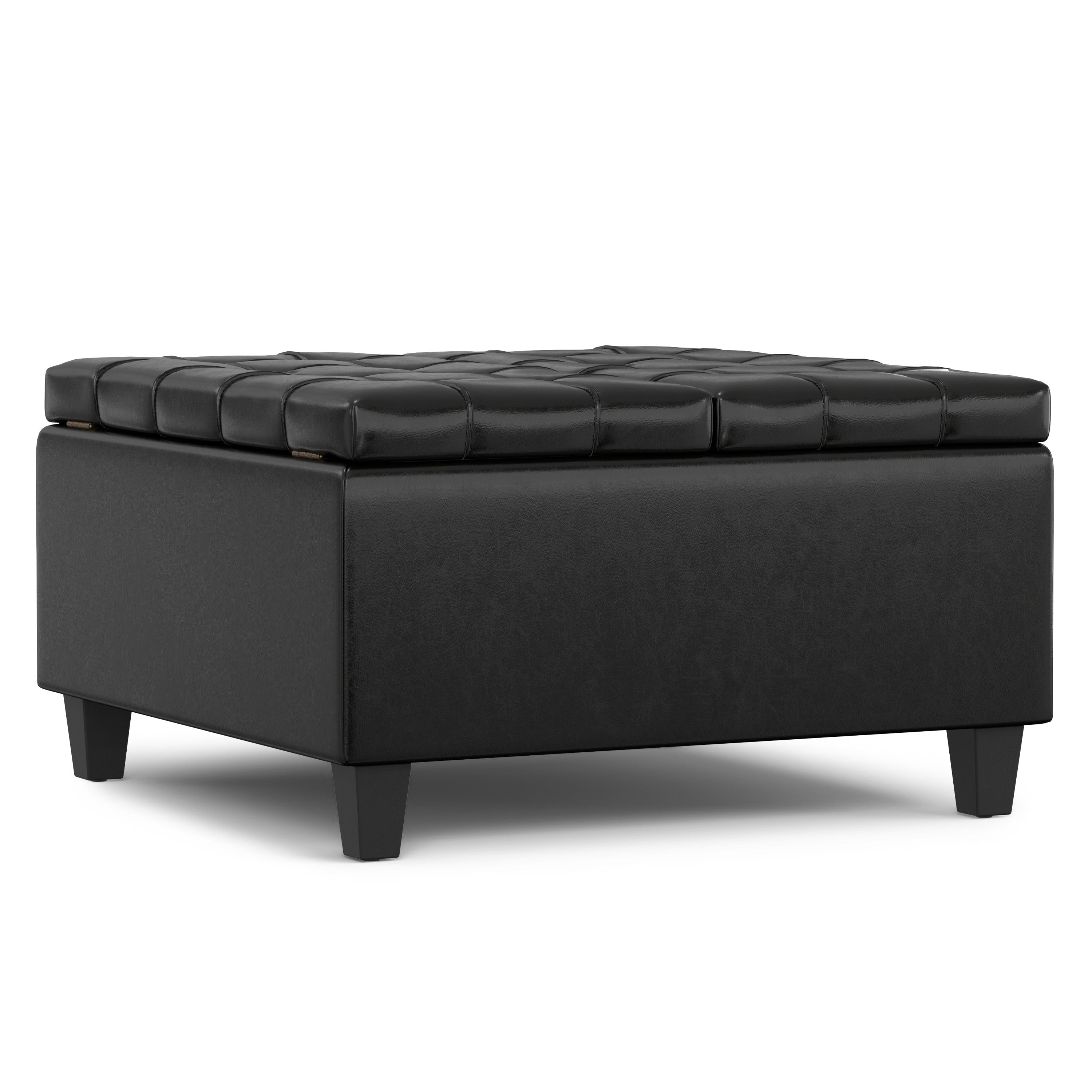 30" Black Leather Cocktail Ottoman With Storage